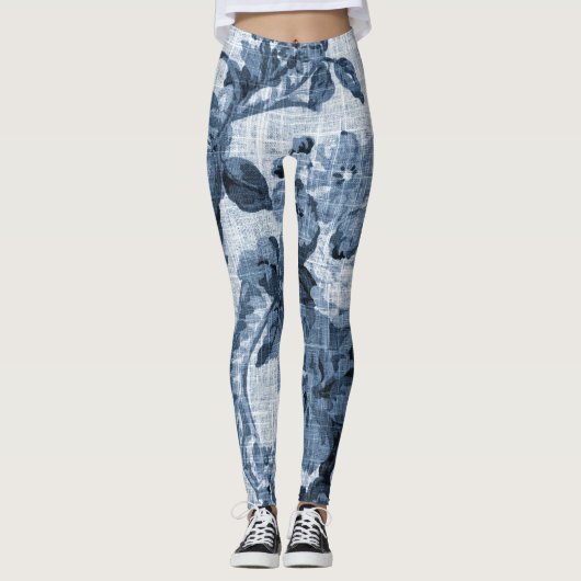 Indigo Blue Black & White  Floral Toile 4 Leggings (Voorkant)