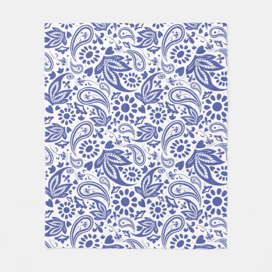 Indigo Blue Boho Chic Paisley Pattern on White Fleece Deken (Voorkant)