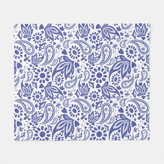Indigo Blue Boho Chic Paisley Pattern on White Fleece Deken (Voorkant (Horizontaal))