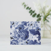 Indigo Blue Botanical & Bees Drawing Floral Toile Briefkaart (Staand voorkant)