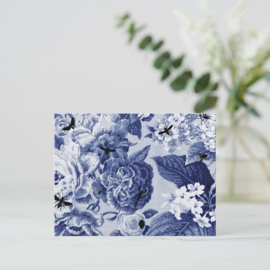 Indigo Blue Botanical & Bees Drawing Floral Toile Briefkaart (Staand voorkant)