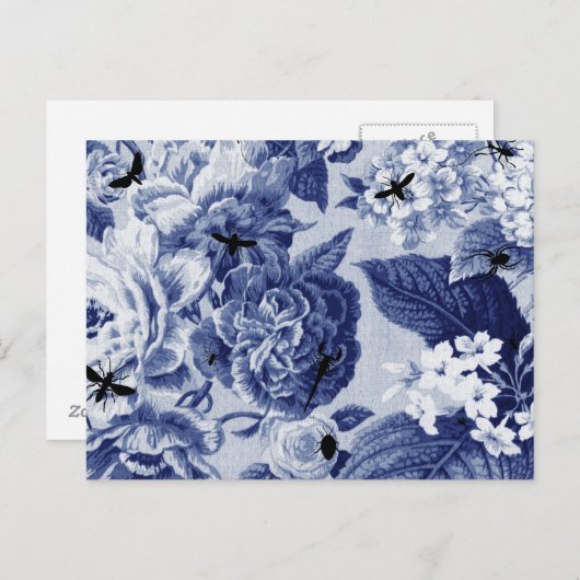 Indigo Blue Botanical & Bees Drawing Floral Toile Briefkaart (Voorkant / Achterkant)