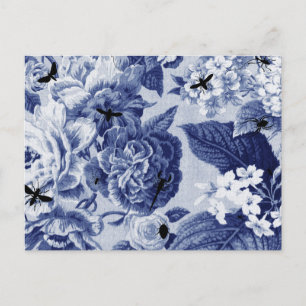Indigo Blue Botanical & Bees Drawing Floral Toile Briefkaart