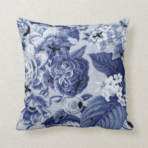 Indigo Blue Botanical & Bugs Floral Toile Kussen