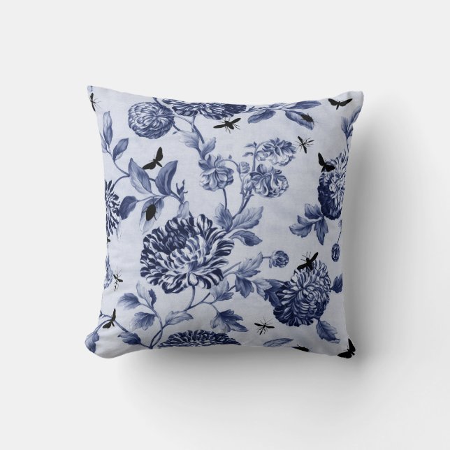 Indigo Blue  Botanical Bugs Floral Toile Kussen (Voorkant)