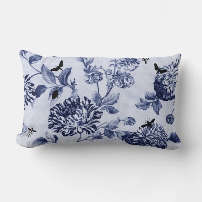 Indigo Blue  Botanical Bugs Floral Toile Kussen (Voorkant)