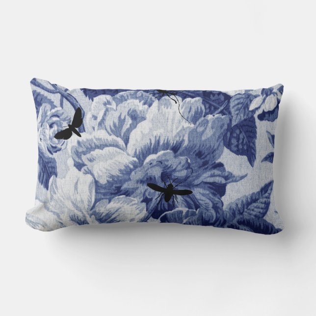 Indigo Blue  Botanical & Bugs Floral Toile Kussen (Voorkant)