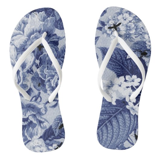 Indigo Blue  Botanical & Bugs Floral Toile Teenslippers (Voetbed)