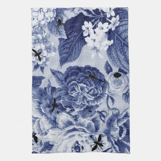 Indigo Blue  Botanical & Bugs Floral Toile Theedoek (Verticaal)