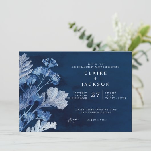 Indigo Blue Botanical Engagement Party Kaart (Staand voorkant)