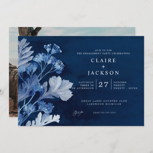 Indigo Blue Botanical Engagement Party Kaart (Voorkant / Achterkant)