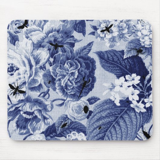 Indigo Blue Botanical Floral Toile & bijen Muismat (Voorkant)