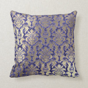 Indigo Blue Cobalt Damask Sepia Velvet Sequin Gold Kussen