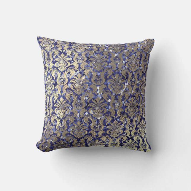 Indigo Blue Cobalt Damask Sequin Champaigne Gold Kussen (Voorkant)