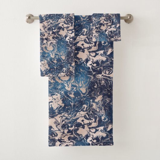 Indigo Blue Cream Marble Patroonontwerp Bad Handdoek (Insitu)