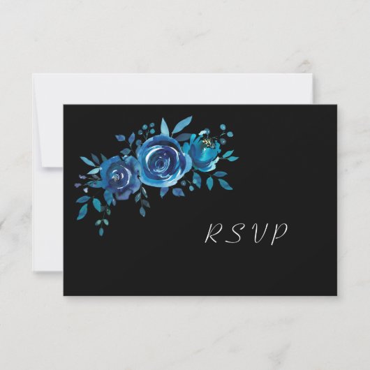 Indigo Blue en Black Floral Buffet Wedding RSVP Kaartje (Voorkant)