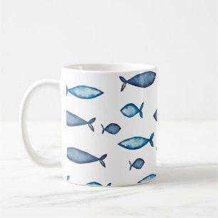 Indigo Blue en Blauwgroen Waterverf Fishes Koffiemok