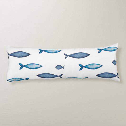 Indigo Blue en Blauwgroen Waterverf Fishes Lichaamskussen (Achterkant)