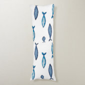 Indigo Blue en Blauwgroen Waterverf Fishes Lichaamskussen (Voorkant Verticaal)