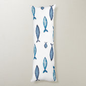 Indigo Blue en Blauwgroen Waterverf Fishes Lichaamskussen (Achterkant (Verticaal))