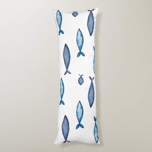 Indigo Blue en Blauwgroen Waterverf Fishes Lichaamskussen (Achterkant (Verticaal))