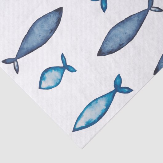 Indigo Blue en Blauwgroen Waterverf Fishes Tissuepapier (Detail)