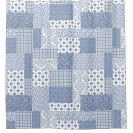  Indigo Blue en White Faux Patchwork Douchegordijn