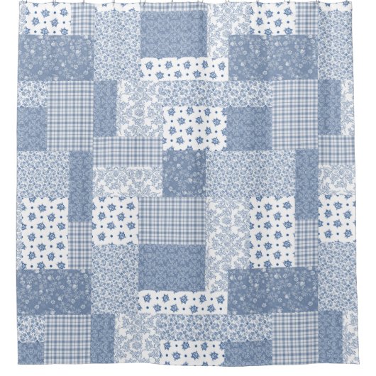  Indigo Blue en White Faux Patchwork Douchegordijn (Voorkant)