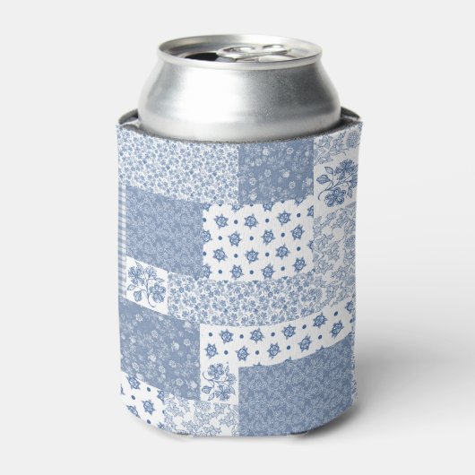 Indigo Blue en White Faux Patchwork Koelbox Blikjeskoeler (Blikje Voorkant)