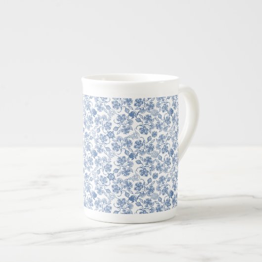 Indigo Blue Ethnic Floral Print Bone China Mok (Voorkant rechts)