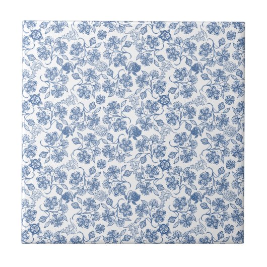 Indigo Blue Ethnic Floral Print Ceramic Tile Tegeltje (Voorkant)