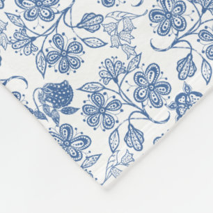 Indigo Blue Ethnic Floral Print Fleece Blanket