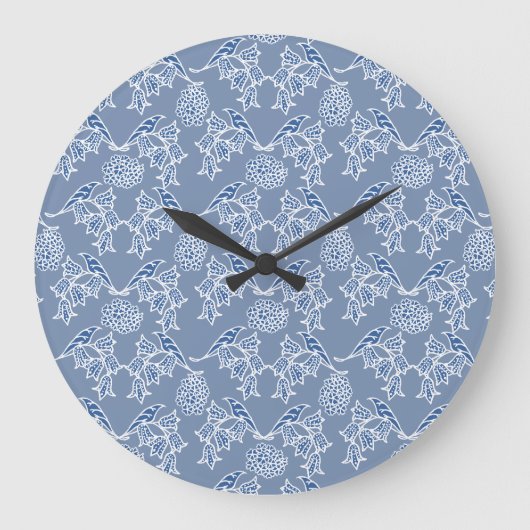Indigo Blue Ethnic Floral Print Round Wall Clock Grote Klok (Voorkant)