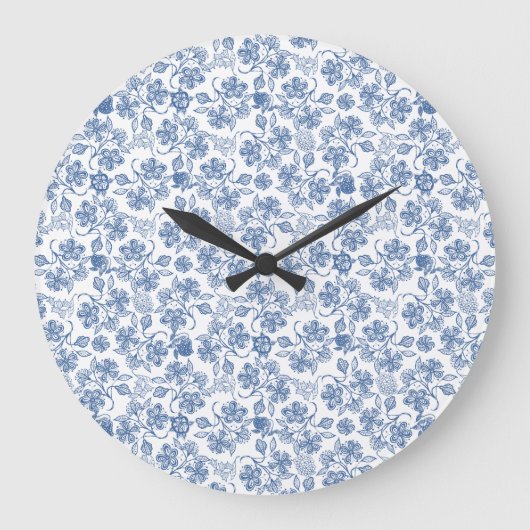 Indigo Blue Ethnic Floral Print Round Wall Clock Grote Klok (Voorkant)
