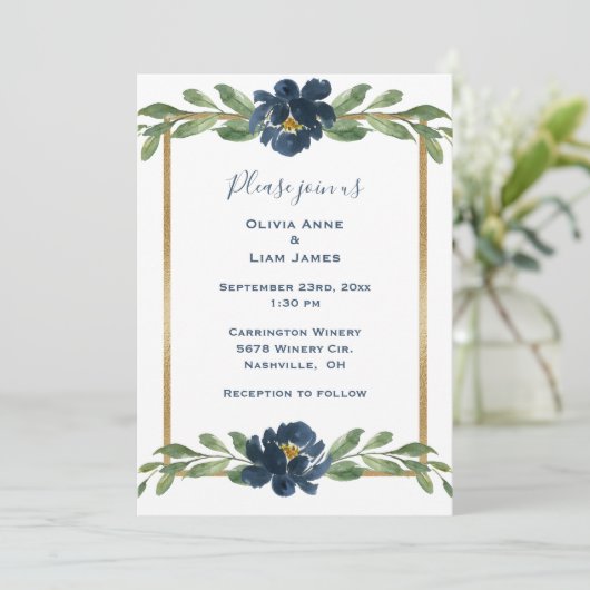 Indigo Blue Floral Elegant Gold Wedding Kaart (Staand voorkant)
