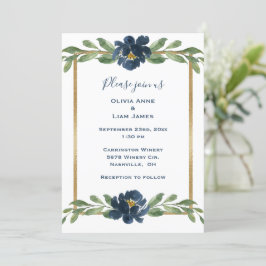 Indigo Blue Floral Elegant Gold Wedding Kaart
