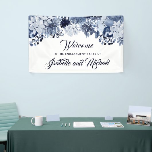 Indigo Blue Floral Engagement Party Welkomstbanner Spandoek (Beurs)