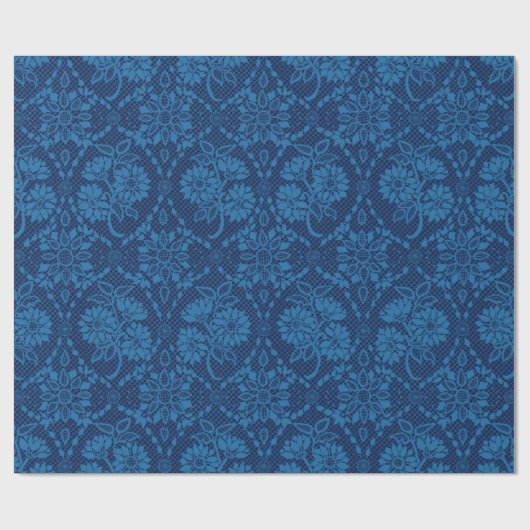 Indigo Blue Floral Faux Lace Pattern Cadeaupapier (Vlak)