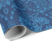 Indigo Blue Floral Faux Lace Pattern Cadeaupapier (Rol Hoek)