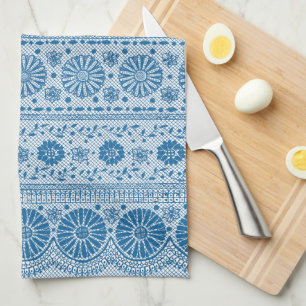 Indigo Blue Floral Faux Lace Pattern om aan te pas Theedoek