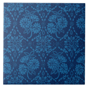 Indigo Blue Floral Faux Lace Pattern Tegeltje