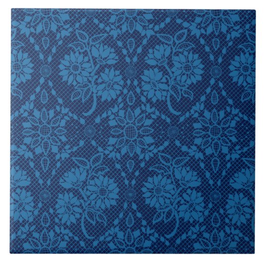 Indigo Blue Floral Faux Lace Pattern Tegeltje (Voorkant)