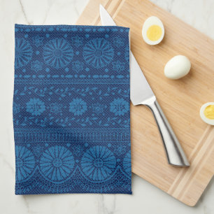Indigo Blue Floral Faux Lace Pattern Theedoek