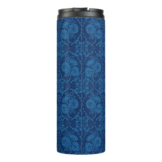 Indigo Blue Floral Faux Lace Pattern Thermosbeker (Achterkant)