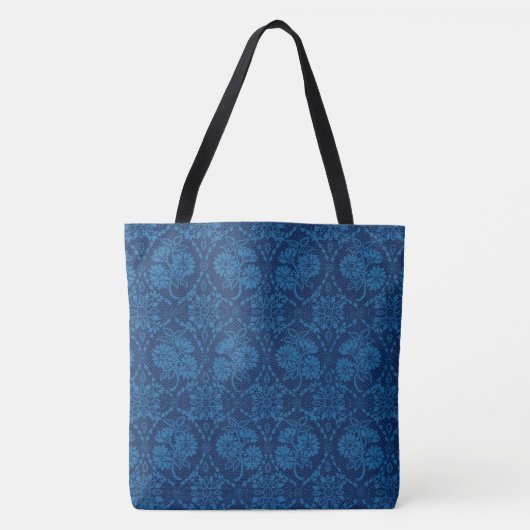 Indigo Blue Floral Faux Lace Pattern Tote Bag (Voorkant)
