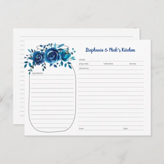 Indigo Blue Floral Mason Jar Pas getrouwd Recept K Aankondigingskaart (Voorkant / Achterkant)