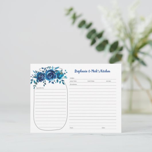 Indigo Blue Floral Mason Jar Pas getrouwd Recept K Aankondigingskaart (Staand voorkant)