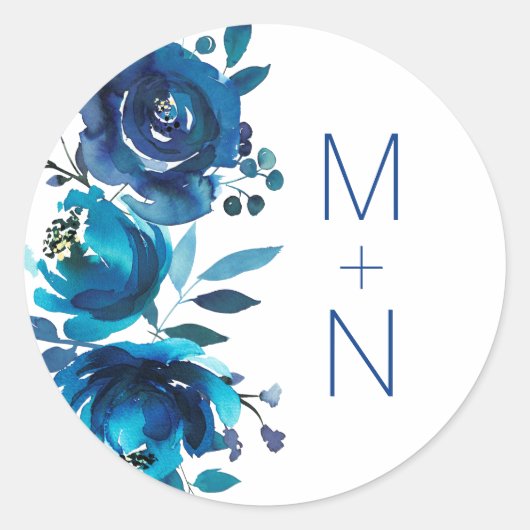 Indigo Blue Floral monogram bruiloft envelop seal Ronde Sticker (Voorkant)