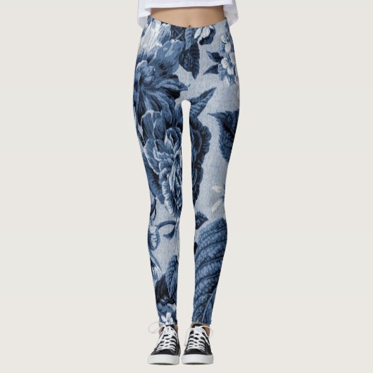 Indigo Blue  Floral Toile Fabric No.1 Leggings (Voorkant)