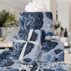 Indigo Blue  Floral Toile Matte Finish Cadeaupapier